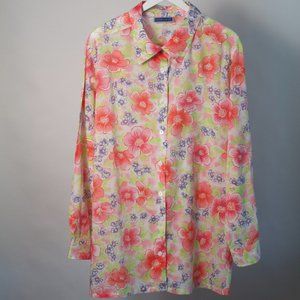 Women Floral Buttondown Blouse Erika II 2X with rolled sleeve tabs